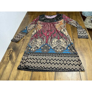 Calessa Dress Womens Medium Red Floral Shift Long Sleeve Casual Beaded